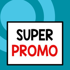 Conceptual hand writing showing Super Promo. Concept meaning piece of publicity or advertising in the form of a short film Close up view big blank rectangle abstract geometrical background