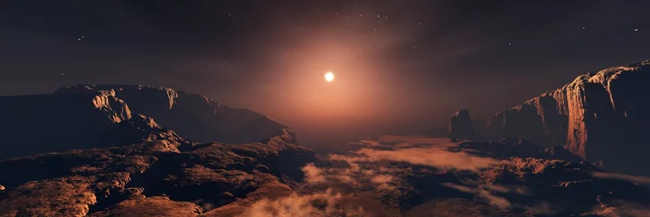 Fotobehang Mars, panorama van Mars, Marslandschap bij zonsondergang, buitenaards landschap. 3D-rendering. © ustas