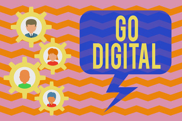 Conceptual hand writing showing Go Digital. Concept meaning Working over the internet Going to world of Opportunities Gearshaped picture frame family ornament Whole Family photo