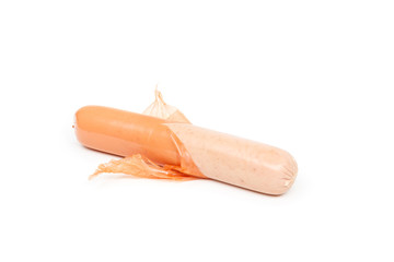 Fresh boiled sausages, close-up, isolated on white background