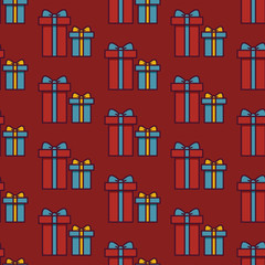 Gift box seamless pattern red background. Christmas festive illustration