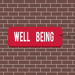 Fototapeta premium Text sign showing Well Being. Business photo text A good or satisfactory condition of existence including health Label tag badge rectangle shaped empty space string colorful background