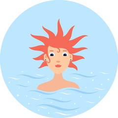 Girl with an unusual hairstyle stands in sea water