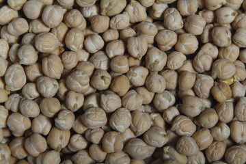 Background of chick-peas close up. Flat lay.
