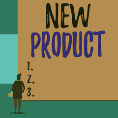 Text sign showing New Product. Business photo showcasing goods and services that differ significantly in characteristics Back view young woman watching blank big rectangle. Geometrical background