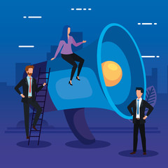 Megaphone and people design, Amplifer speaker bullhorn announce speech message communication and sound theme Vector illustration