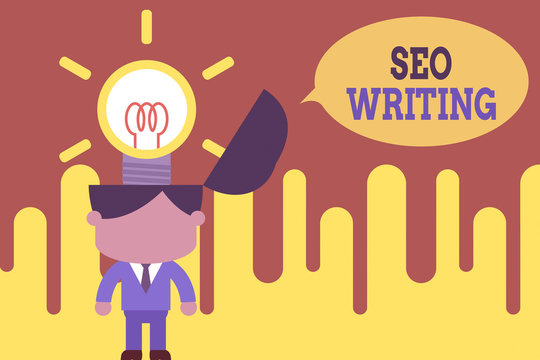 Word writing text Seo Writing. Business photo showcasing grabbing the attention of the search engines using specific word Standing successful man suit necktie surging brilliant innovative solutions