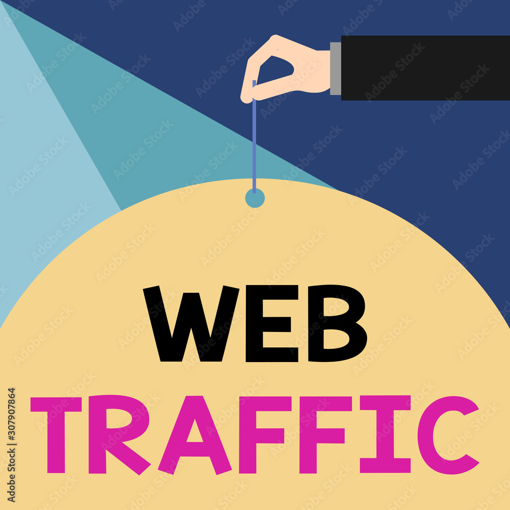 Wall mural Writing note showing Web Traffic. Business concept for the amount of data sent and received by visitors to a website Male hand arm needle punching big blank balloon geometrical background