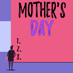 Text sign showing Mother S Day. Business photo showcasing a celebration honoring the mother of the family or motherhood Back view young woman watching blank big rectangle. Geometrical background