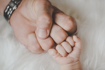 Father and baby`s fist