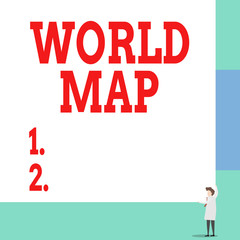 Text sign showing World Map. Business photo showcasing a diagrammatic representation of the surface of the earth Front view young woman holding two hands right corner big blank rectangle