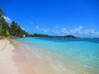 Une plage de sable blanc et la mer turquoise sous un ciel bleu sans nuage