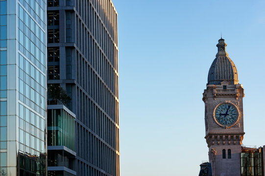 The historical clock tower of the Gare de Lyon train station in Paris.