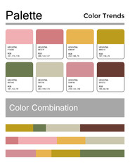 Color palette, harmonious combination, codes and names. Fashion colors for using in web, clothes, interiors and textiles