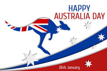 Obraz na płótnie Canvas Happy Australia day 26 January. Australian kangaroo with flag on a white background. Greeting card, poster, banner concept. 