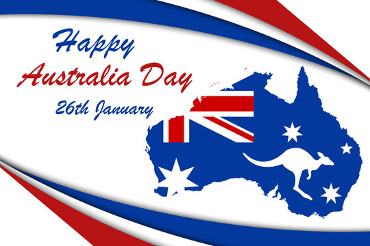 Happy Australia day 26 January. Map of Australia with flag on a white background. Greeting card, poster, banner concept. 