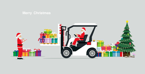 Santa Claus carrying gifts by using a forklift. © intararit