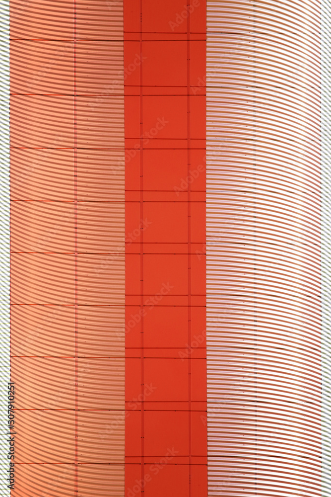 Poster digitally rendered image of panels and corrugated metal structure resembling modern architecture wit