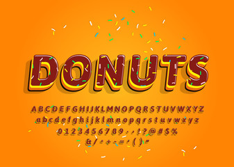 Donuts hand drawn decorative alphabet with colored topping. Cartoon sweet letters and numbers. Vector