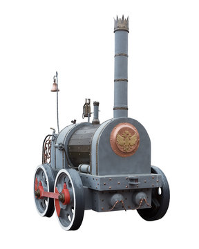 Vintage Retro Steam Train Isolated On White Background. The First Steam Engines. View In Half A Turn.