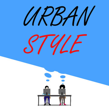 Text sign showing Urban Style. Business photo text fashion that have emerged from the grassroots streetwear Man with purple trousers sit on chair talk to fellow near computer table