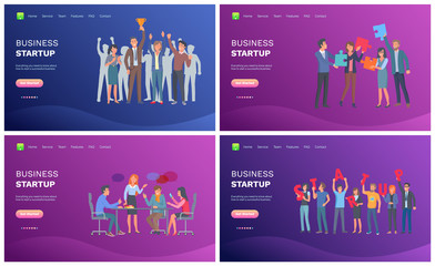 Teamwork and success work, brainstorming and winner worker, flat design of people in casual clothes, creative and strategy business startup vector. Website or webpage, start up landing page flat style