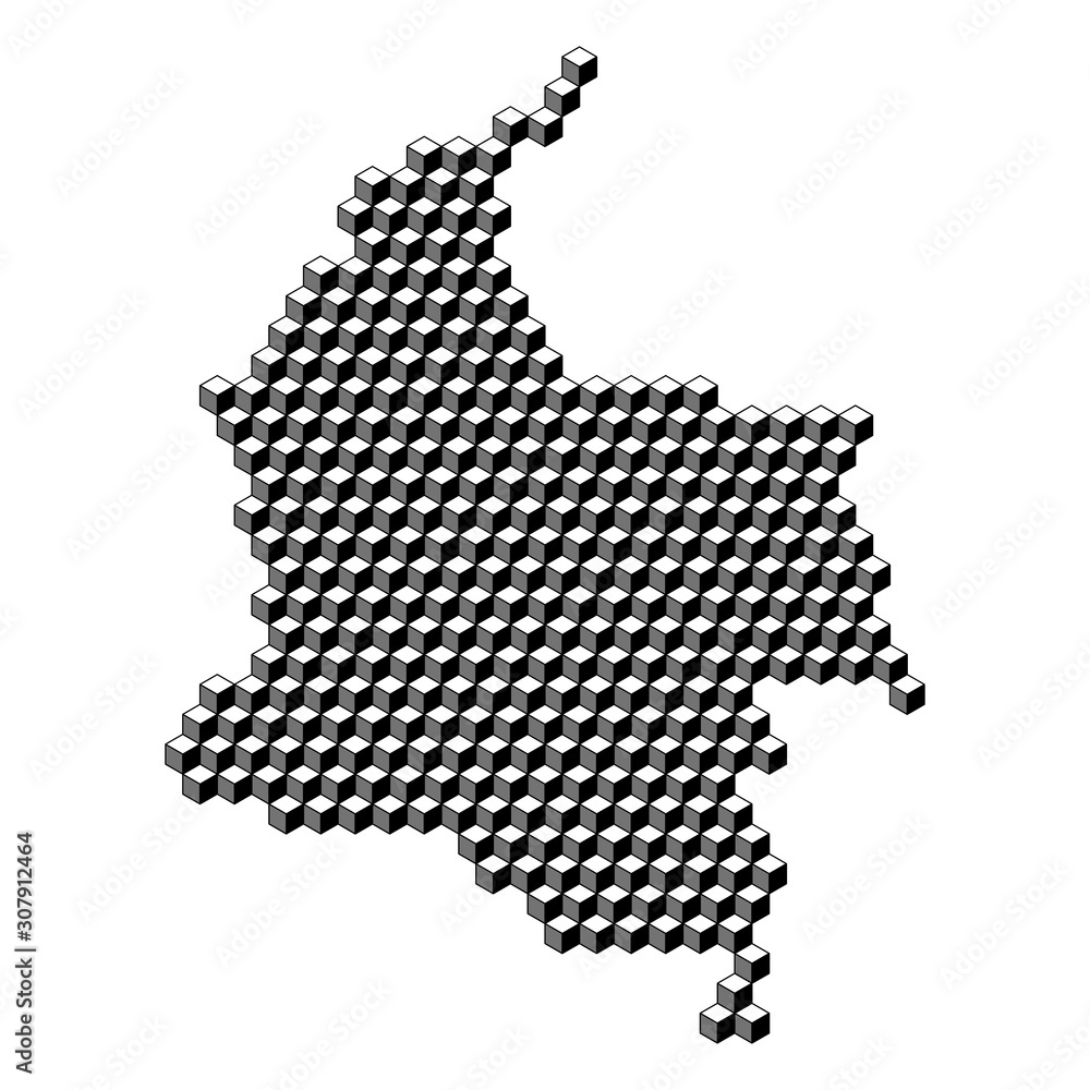 Poster colombia map from 3d black cubes isometric abstract concept, square pattern, angular geometric shape