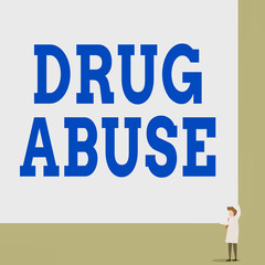 Text sign showing Drug Abuse. Business photo showcasing the habitual taking of addictive or illegal chemical substances Front view young woman holding two hands right corner big blank rectangle