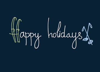 Obraz premium Happy holidays greeting lettering, old-fashioned skis. Winter holidays concept. Winter outdoor activity concept. Ski resort banner, ad. Sporting goods store greeting card. Greeting card template