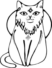 Illustration of a cat that sits calmly with a star in the forehead and the moon on the background.