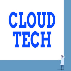 Text sign showing Cloud Tech. Business photo showcasing storing and accessing data and programs over the Internet Front view young woman holding two hands right corner big blank rectangle