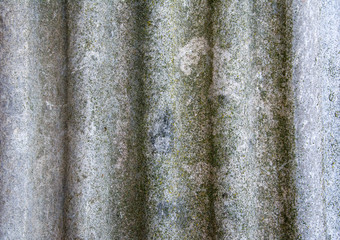 Texture of gray roofing slate with waves and gradient. Old Dirty Slate Sheet Covered With Lichen. Selective focus.