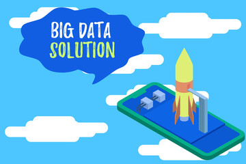 Text sign showing Big Data Solution. Business photo text Extracting value from huge volumes of a variety of facts Ready to launch rocket lying smartphone. Startup negotiations to begin