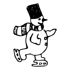 Hand drawing line snowman ice skating, cartoon style. Black outline of snowman. Coloring book for children. Vector illustration on white background.