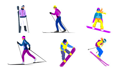 People go in for winter sports, men and women ski and snowboard. People flat vector illustration set. Men and women in multi-colored tracksuits. Cartoon character. Isolated characters.