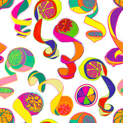 Modern seamless stylized design with citrus in pop-art style. Can be used for printing on paper, packaging, decorations, cards, textiles. 