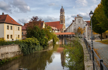 Fototapeta na wymiar Vils River view with Basilika St. Martin and cover bridge, Amberg, Germany.