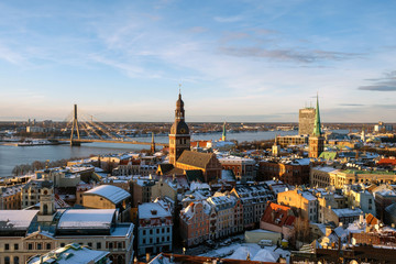 Panoramic view of Riga Old Town, Latvia in winter day. Aerial view from St. Peter's cathedral