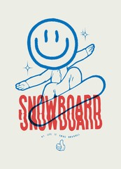 Snowboarder with a big smiley face funny t-shirt print vector illustration.