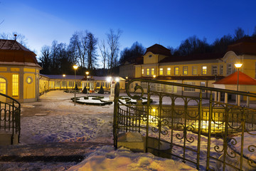 Snowy night Spa Libverda in north Bohemia, Czech Republic