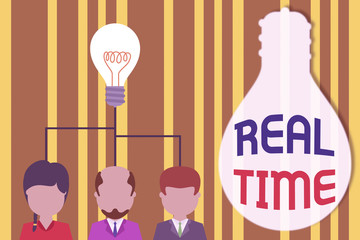 Handwriting text Real Time. Conceptual photo the actual time during which a processes or events occurs Group three executive persons sharing idea icon. Startup team meeting