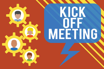 Handwriting text Kick Off Meeting. Conceptual photo getting fired from your team private talking about company Gearshaped picture frame family ornament mother father daughter son photo