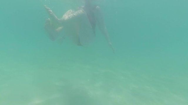 A young woman in a swimsuit swims in clear turquoise sea water. Underwater shooting. Slow motion