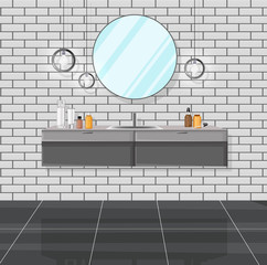 Modern bathroom with sink, mirror and various cosmetic products. Interior Vector