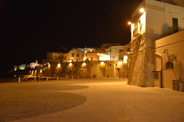 Vieste City by Night Illuminated by Lamps at Summer