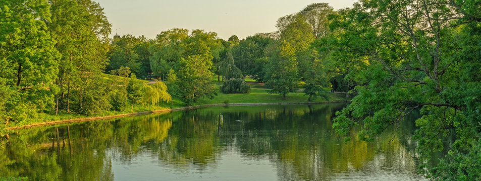 Green park, Norway, Oslo, Frogner park lake water panoramic view.