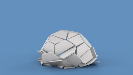 3D illustration of a set of white segments, flat parts forming a geometric figure of a round, spherical shape above the blue surface. 3D rendering.