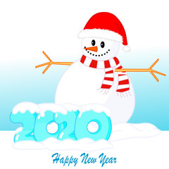 Hello 2020. Snowman with open arms to embrace. Red santa hat and scarf.  Transparent ice 2020 drawing cartoon font. Snow capped. Happy new year. Noel illustration.  Square Drawing Vector 