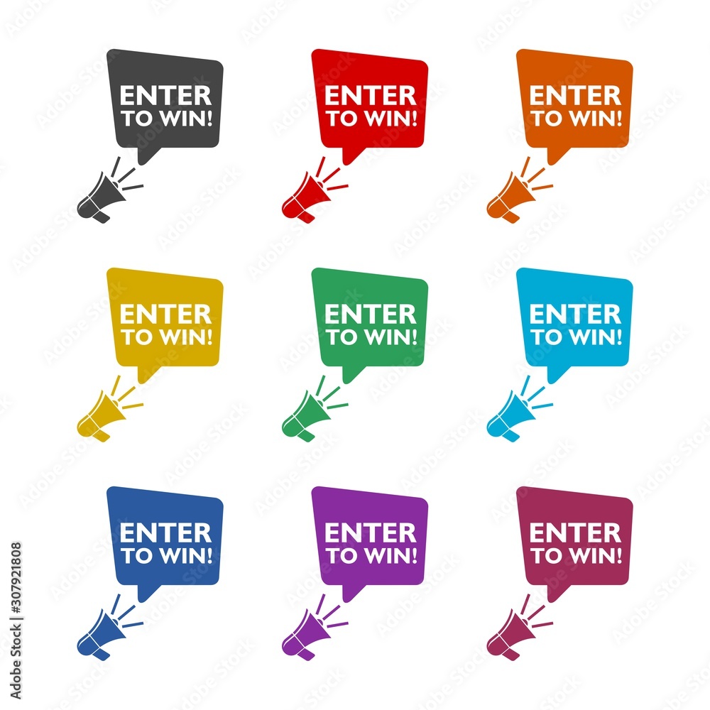 Poster megaphone with enter to win speech bubble color icon set isolated on white background