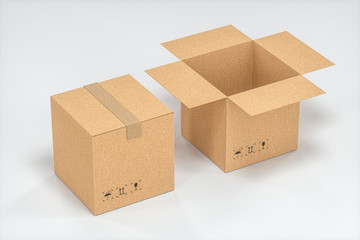 The cartons are stacked against a white background, 3d rendering.